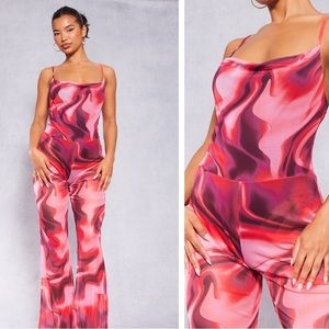 Pink floral print cowl neck mesh jumpsuit